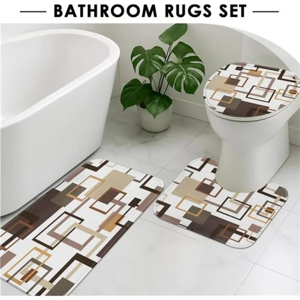 Brown Shower Curtain Set 4 Piece Bathroom Rug Toilet Lid Cover Geometric Modern